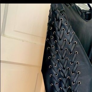 Zara vegan leather shift dress w laced-up sleeves